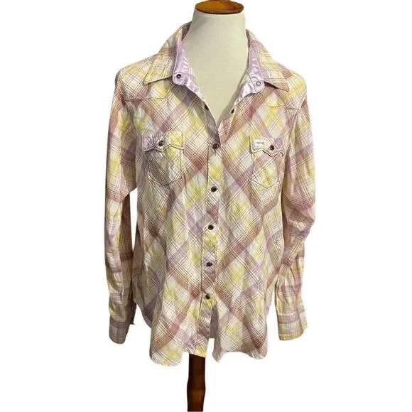 Wrangler Ultra 20X Fit Plaid Multi-Color Button Down Snap Jewel Buttons w/ Laven - Picture 2 of 16